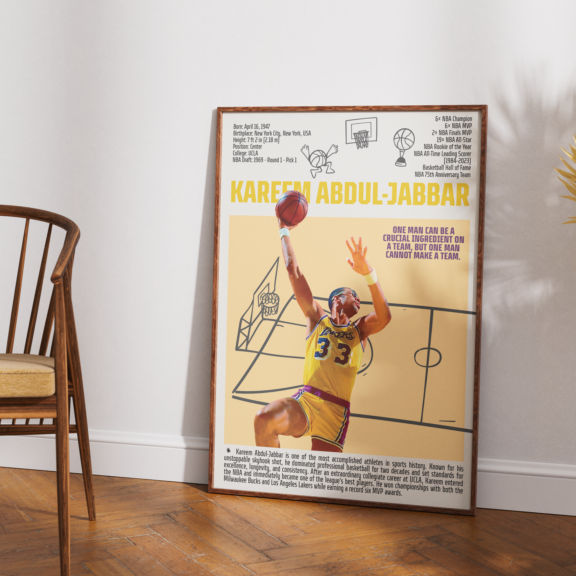 Kareem Abdul-Jabbar basketball poster — skyhook Lakers all-time scoring leader minimalist wall art print UK