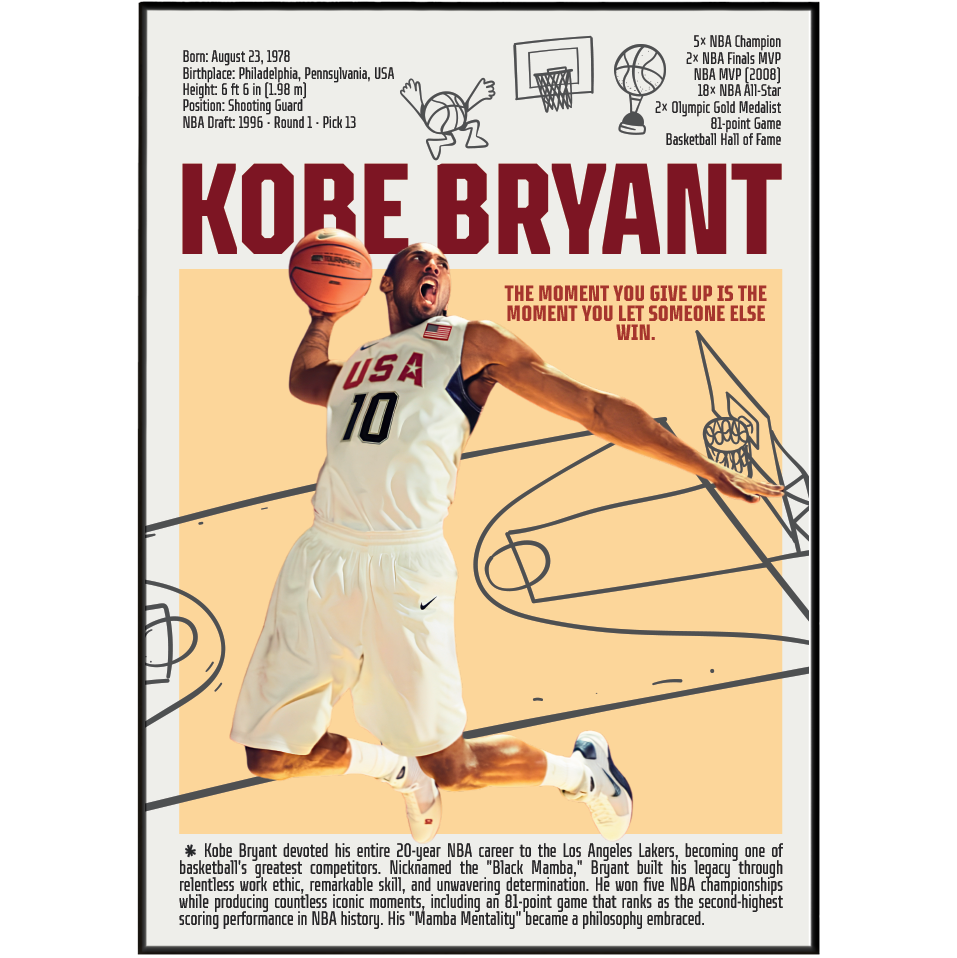 Kobe Bryant Black Mamba basketball poster — LA Lakers 5x champion Mamba Mentality minimalist wall art print UK