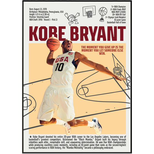 Kobe Bryant Black Mamba basketball poster — LA Lakers 5x champion Mamba Mentality minimalist wall art print UK