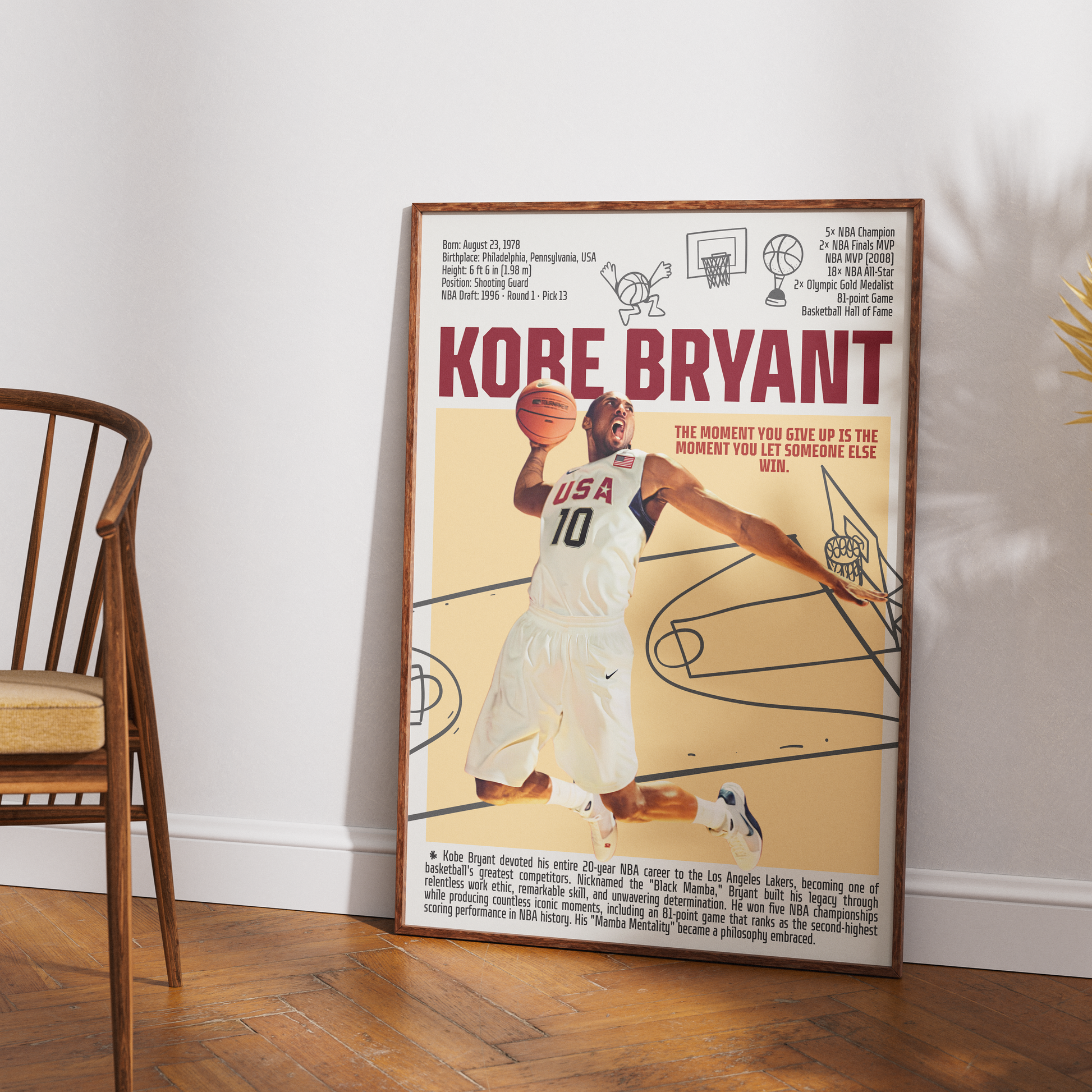 Kobe Bryant Black Mamba basketball poster — LA Lakers 5x champion Mamba Mentality minimalist wall art print UK