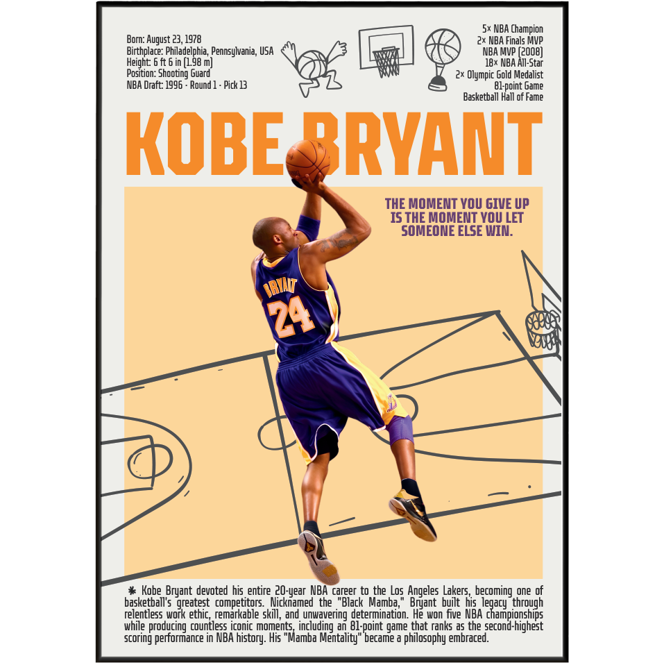Kobe Bryant Black Mamba basketball poster — LA Lakers 5x champion Mamba Mentality minimalist wall art print UK