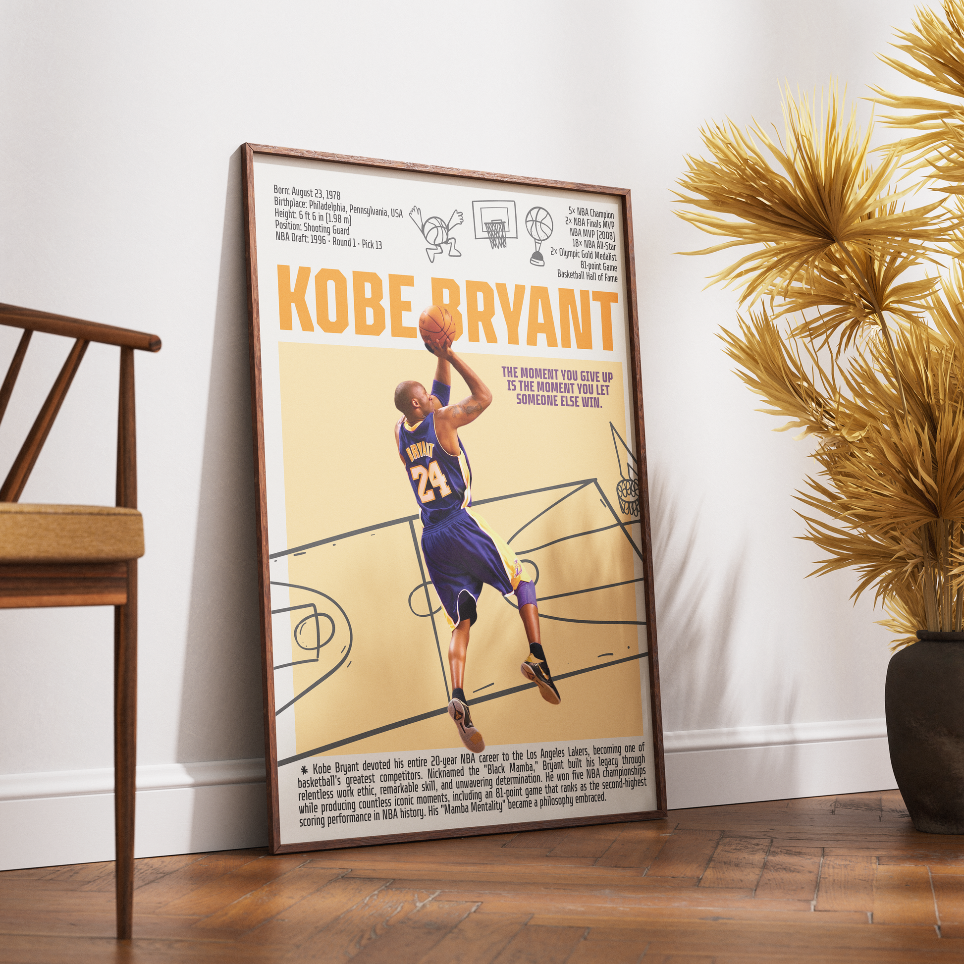 Kobe Bryant Black Mamba basketball poster — LA Lakers 5x champion Mamba Mentality minimalist wall art print UK