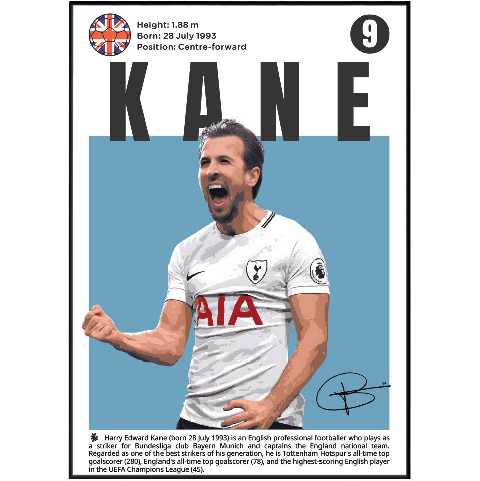 A vertical poster-style graphic featuring footballer Harry Kane with a Union Jack head icon, birth details, the number 9, large black 'KANE' text, a blue background block, and a white Tottenham jersey. A black border surrounds the design, with a short biographical caption at the bottom.