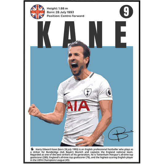 A vertical poster-style graphic featuring footballer Harry Kane with a Union Jack head icon, birth details, the number 9, large black 'KANE' text, a blue background block, and a white Tottenham jersey. A black border surrounds the design, with a short biographical caption at the bottom.