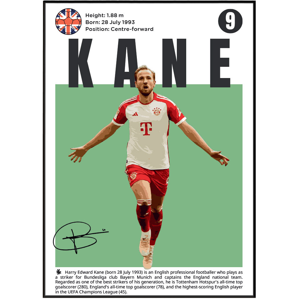 A vertically oriented poster or print featuring a photo of footballer Harry Kane in a red and white Bayern Munich jersey, with large black 'KANE' text, a green background block behind him, a Union Jack emblem, biographical text, and a black signature at the bottom.
