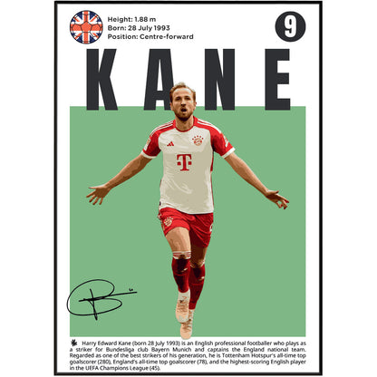 A vertically oriented poster or print featuring a photo of footballer Harry Kane in a red and white Bayern Munich jersey, with large black 'KANE' text, a green background block behind him, a Union Jack emblem, biographical text, and a black signature at the bottom.