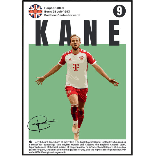 A vertically oriented poster or print featuring a photo of footballer Harry Kane in a red and white Bayern Munich jersey, with large black 'KANE' text, a green background block behind him, a Union Jack emblem, biographical text, and a black signature at the bottom.