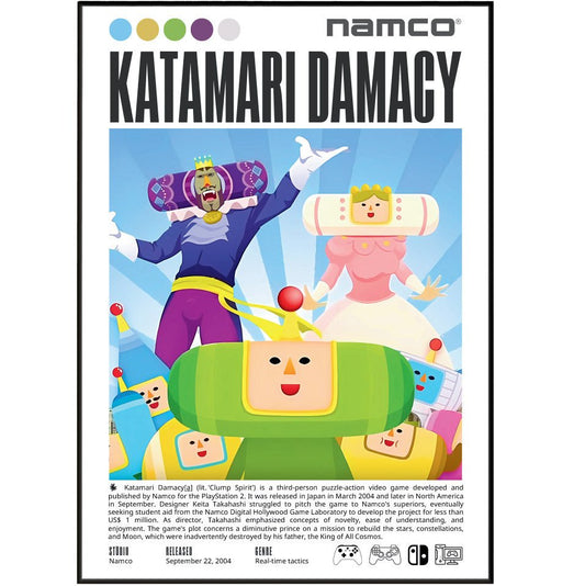 Katamari Damacy 2004 game poster — Keita Takahashi Prince rolling katamari absurdist wall art print UK
 - 98types
