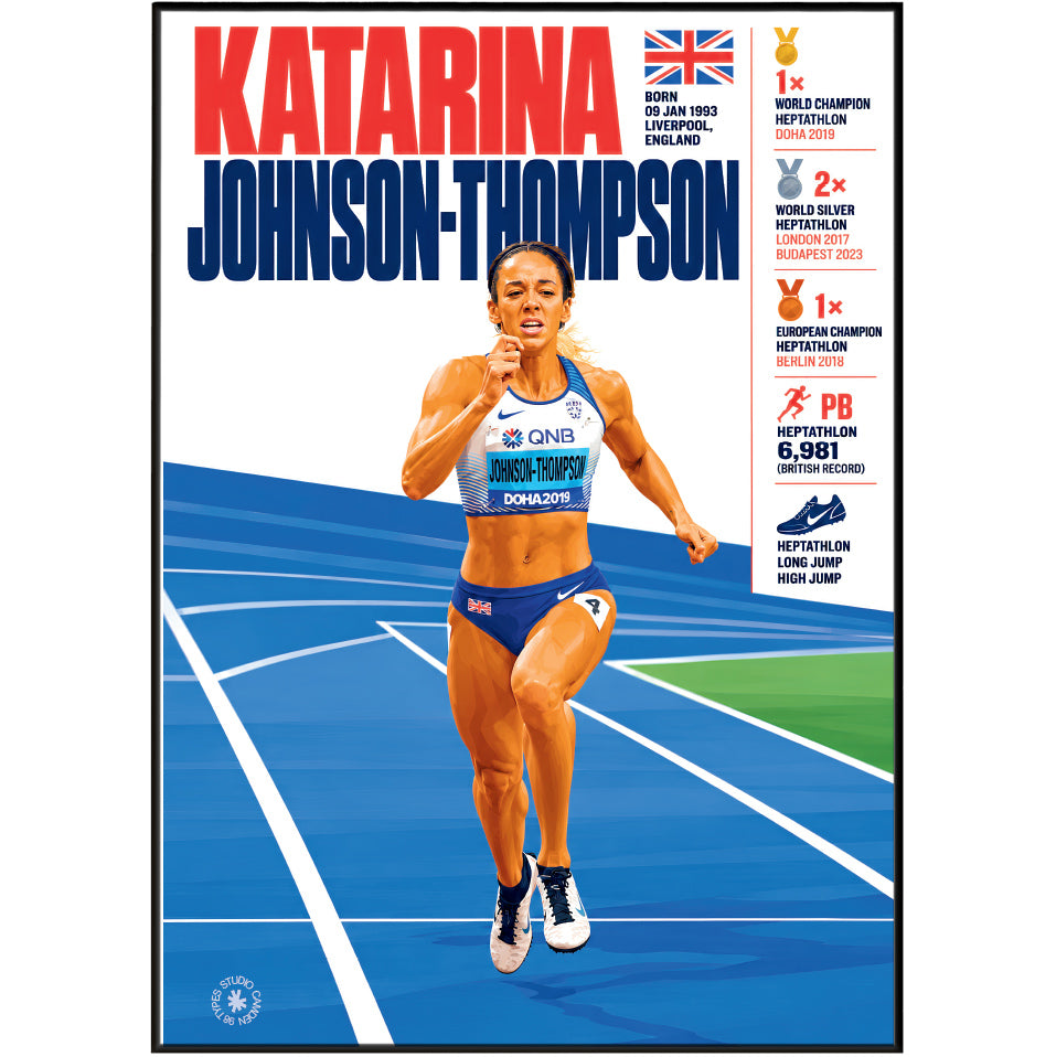 A framed poster featuring athlete Katarina Johnson-Thompson on a blue track field background, with large red and blue text at the top and biographical callout graphics along the right side.