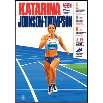 A framed poster featuring athlete Katarina Johnson-Thompson on a blue track field background, with large red and blue text at the top and biographical callout graphics along the right side.