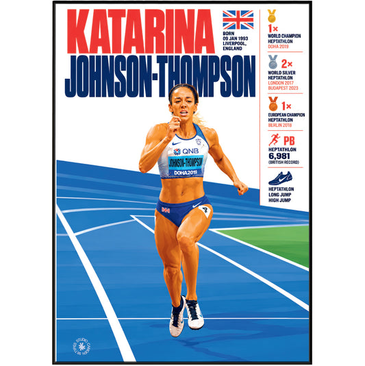 A framed poster featuring athlete Katarina Johnson-Thompson on a blue track field background, with large red and blue text at the top and biographical callout graphics along the right side.