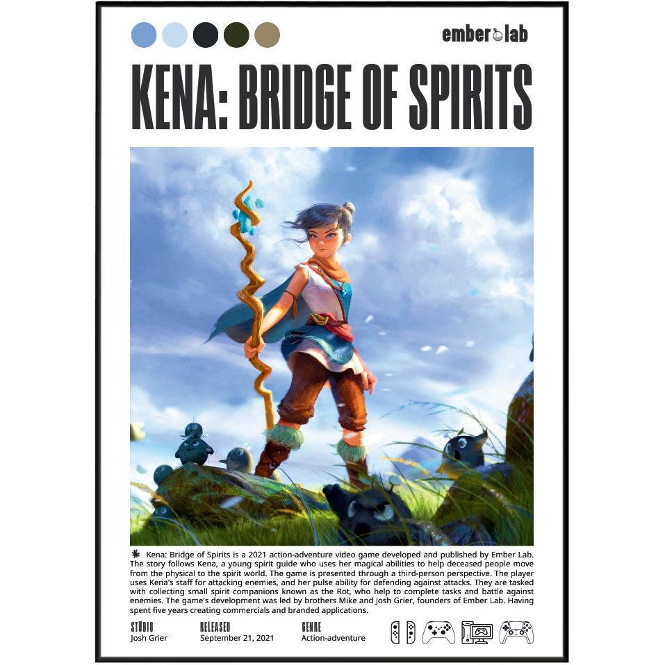 A printed poster or cover-style graphic for Ember Lab's Kena: Bridge of Spirits, featuring large title text at the top, a central fantasy illustration of Kena with a bow in a blue sky scene, and small text blocks at the bottom with game details and platform icons.