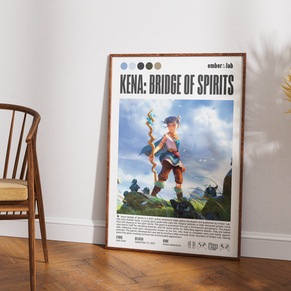 A framed vertical poster leaning against a white wall on a wood floor, showing the text 'KENA: BRIDGE OF SPIRITS' and an illustrated fantasy character. Part of a wooden chair is visible at left.