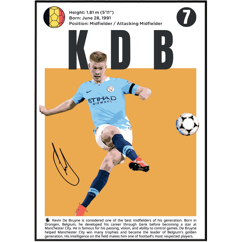 A vertically oriented collectible card featuring Kevin De Bruyne in a light blue Manchester City jersey, with large black letters 'KDB' and a gold soccer ball icon at the top. The card includes player statistics, a signature, and a short biography on a white background.