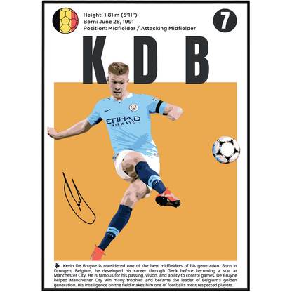 A vertically oriented collectible card featuring Kevin De Bruyne in a light blue Manchester City jersey, with large black letters 'KDB' and a gold soccer ball icon at the top. The card includes player statistics, a signature, and a short biography on a white background.
