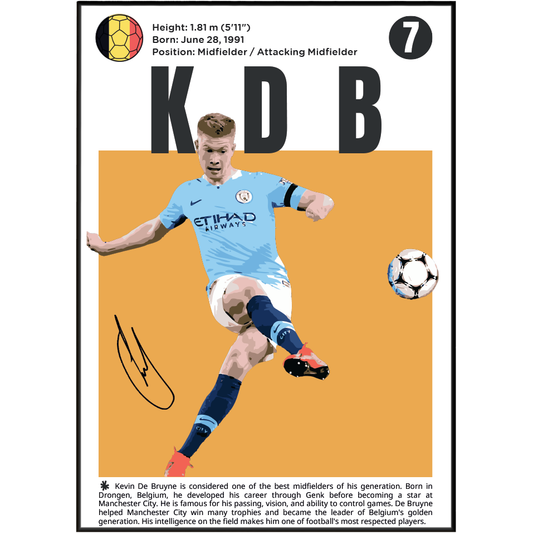 A vertically oriented collectible card featuring Kevin De Bruyne in a light blue Manchester City jersey, with large black letters 'KDB' and a gold soccer ball icon at the top. The card includes player statistics, a signature, and a short biography on a white background.