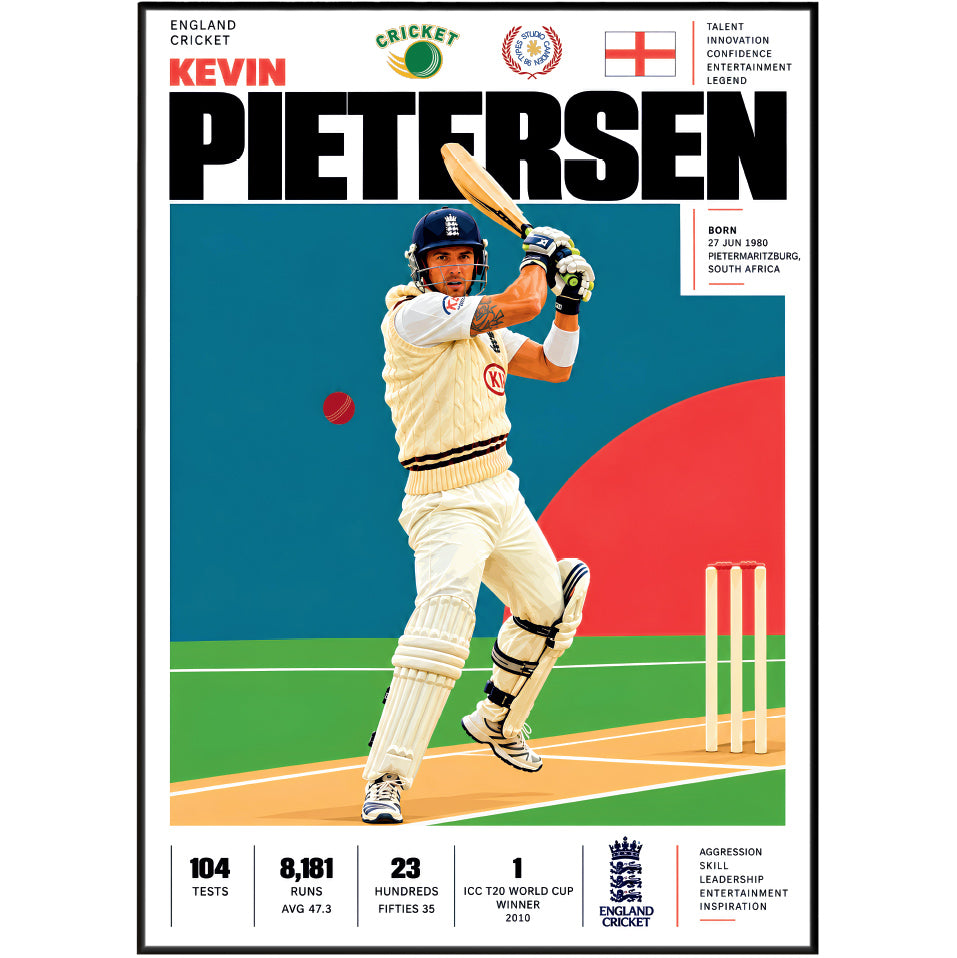 A framed poster featuring a stylized cricket player Kevin Pietersen mid-swing, with bold text reading 'KEVIN PIETERSEN' and cricket career statistics at the bottom, shown against a plain light background.