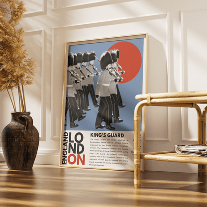 King's Guard illustration poster — Household Cavalry bearskin ceremonial guard London wall art print UK
