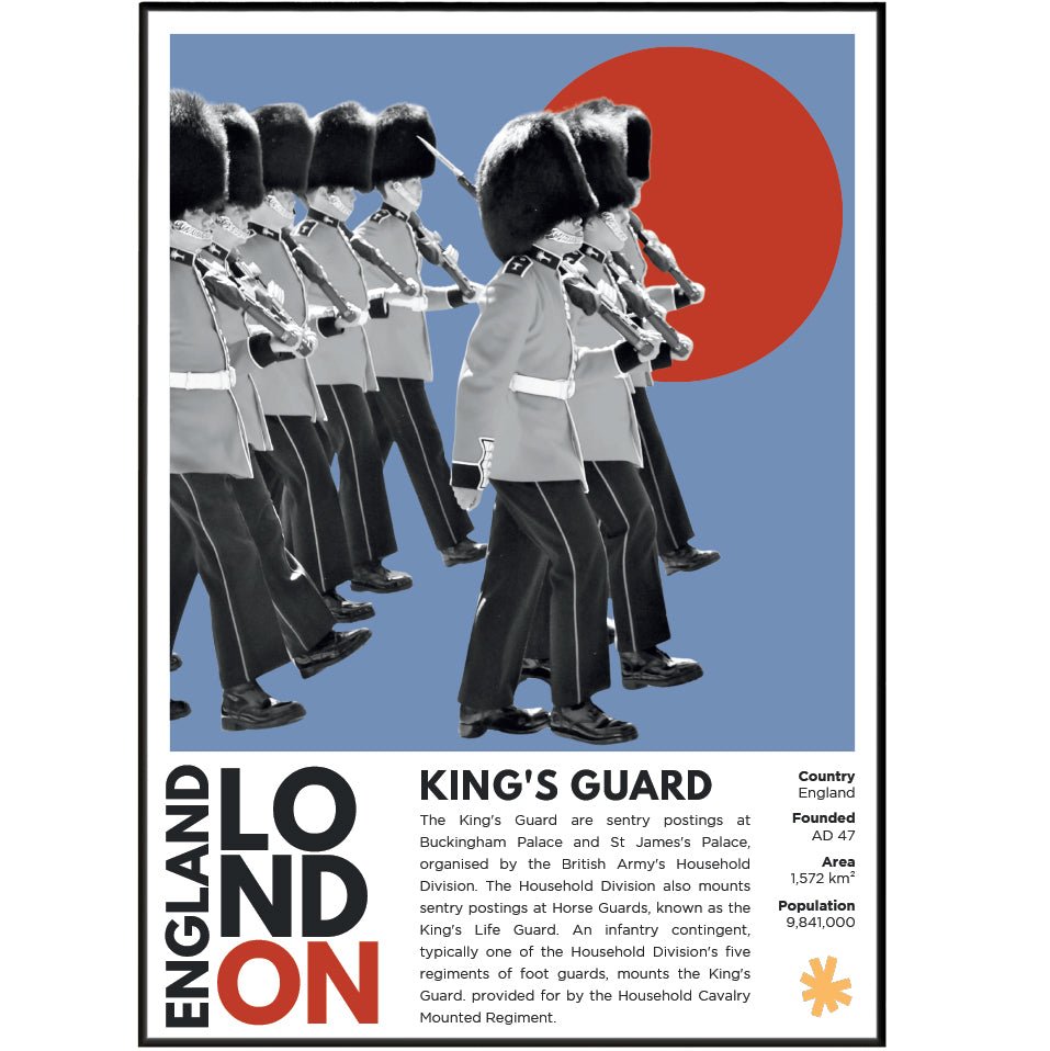 King's Guard illustration poster — Household Cavalry bearskin ceremonial guard London wall art print UK
