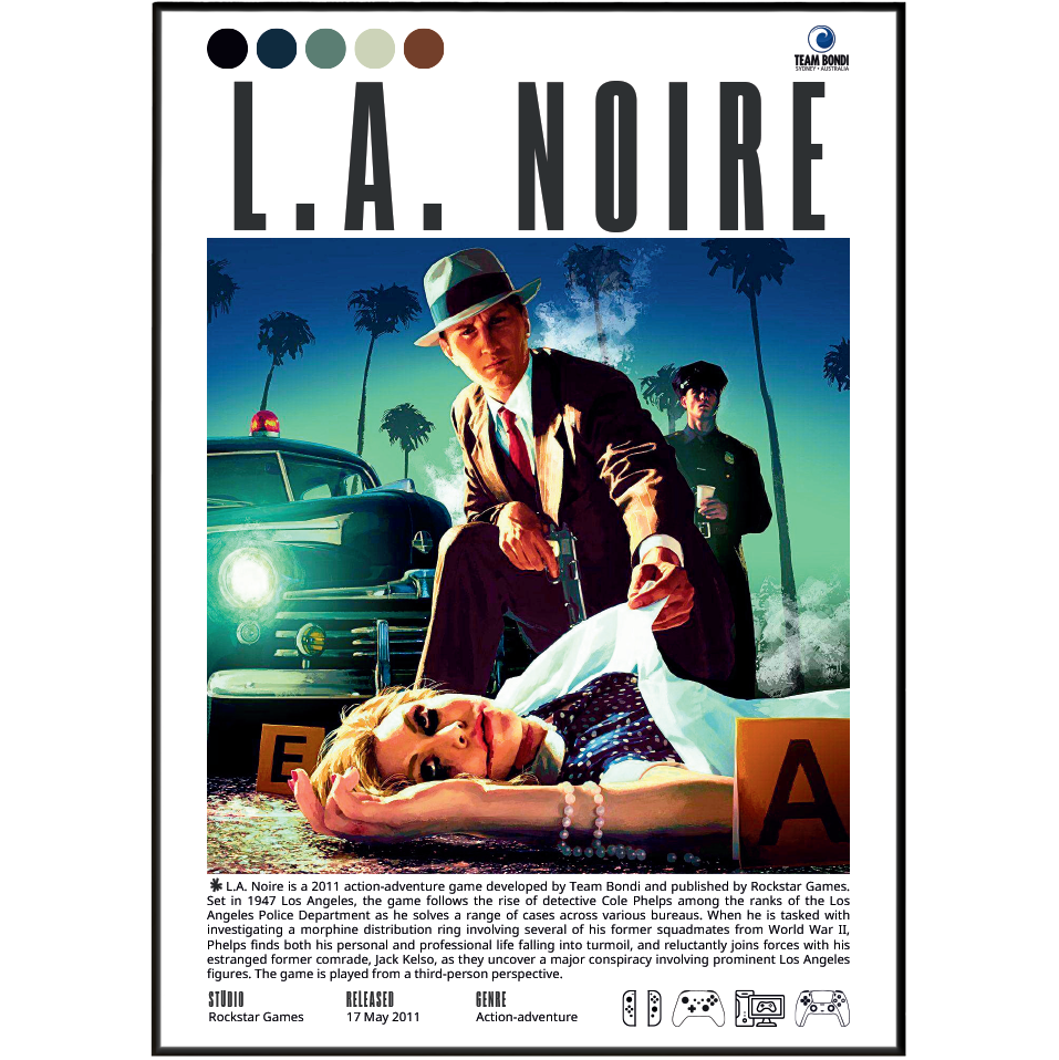 L.A. Noire 2011 detective adventure poster — Cole Phelps 1947 Los Angeles detective noir wall art print UK
