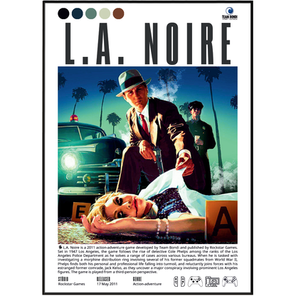 L.A. Noire 2011 detective adventure poster — Cole Phelps 1947 Los Angeles detective noir wall art print UK
