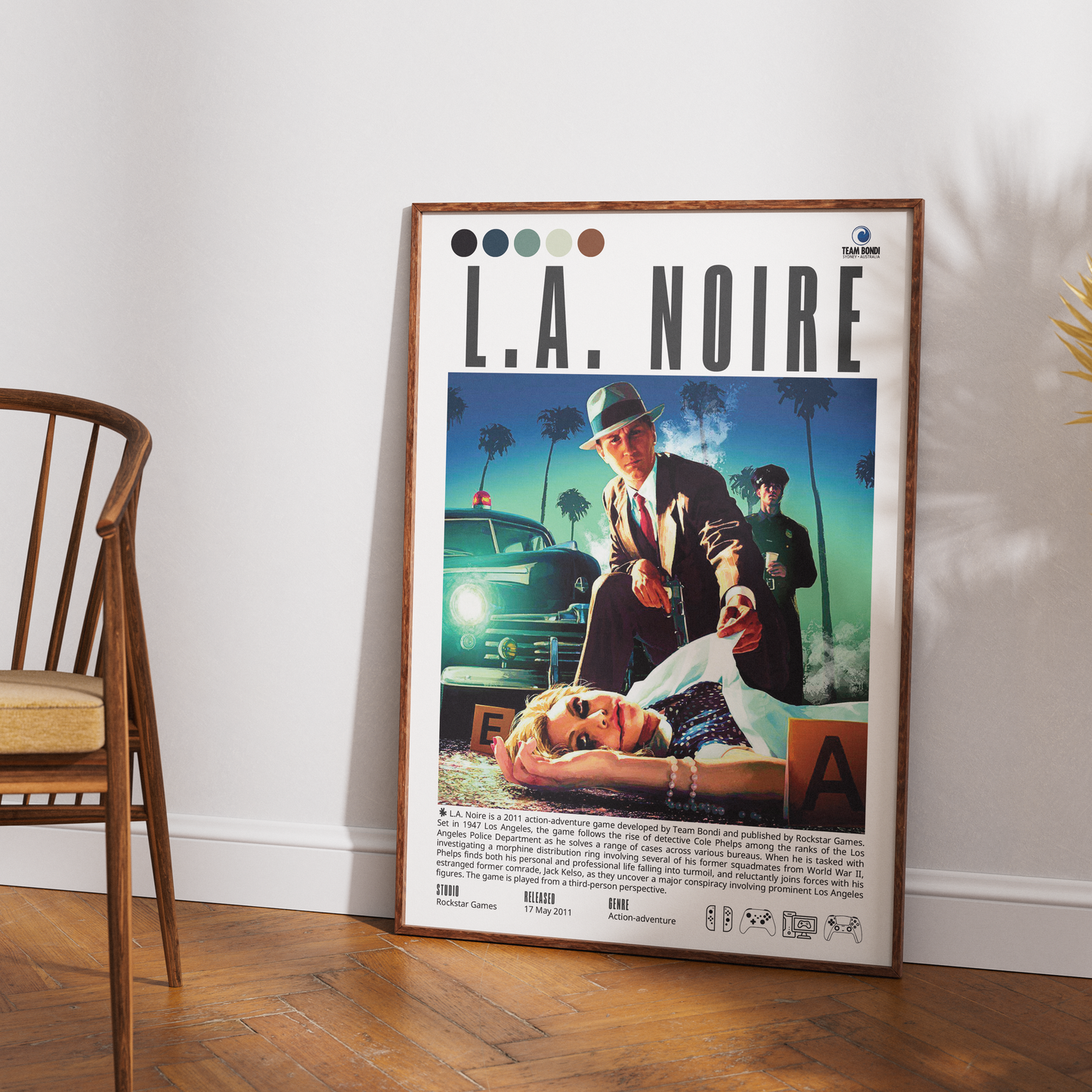 L.A. Noire 2011 detective adventure poster — Cole Phelps 1947 Los Angeles detective noir wall art print UK
