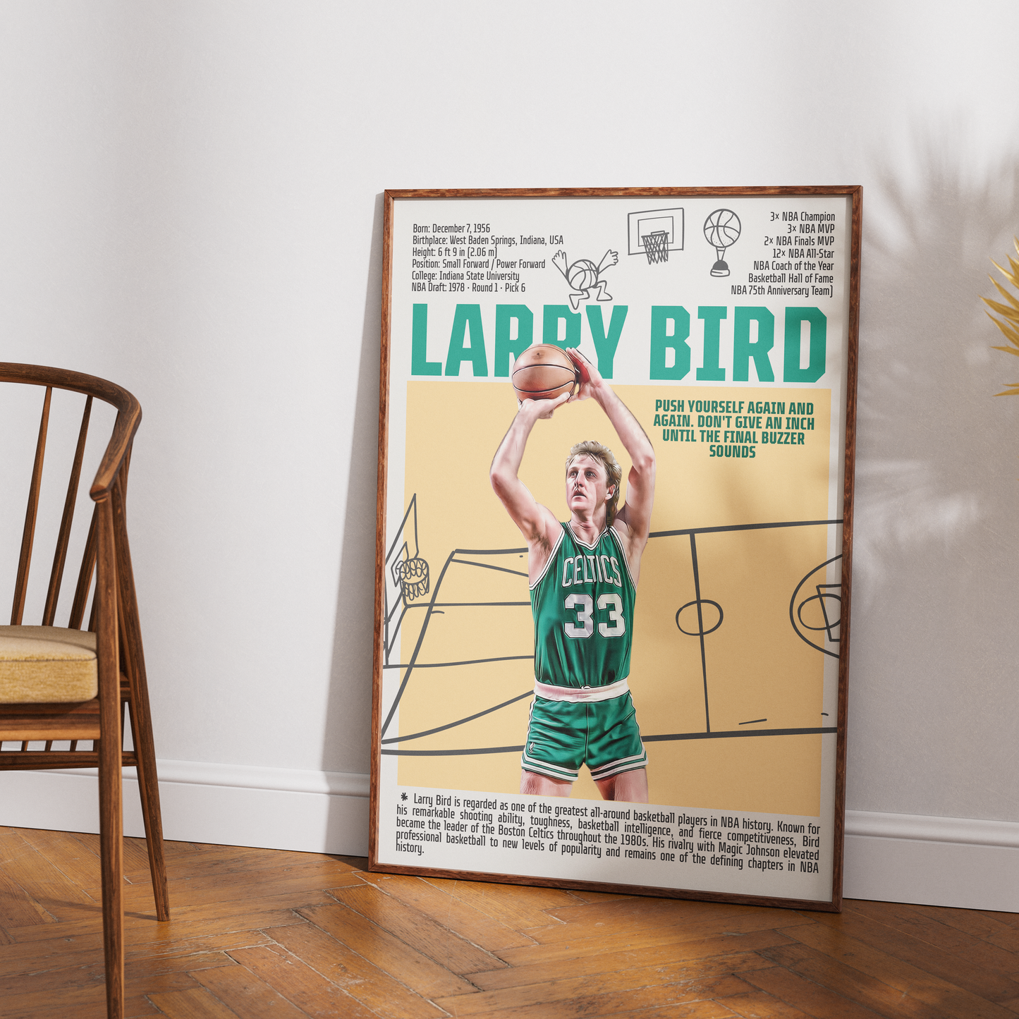 Larry Bird basketball poster — Boston Celtics 3x champion 3x MVP minimalist wall art print UK