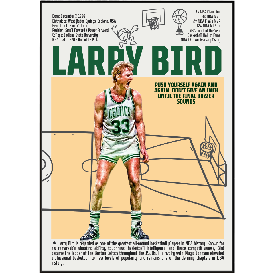 Larry Bird basketball poster — Boston Celtics 3x champion 3x MVP minimalist wall art print UK