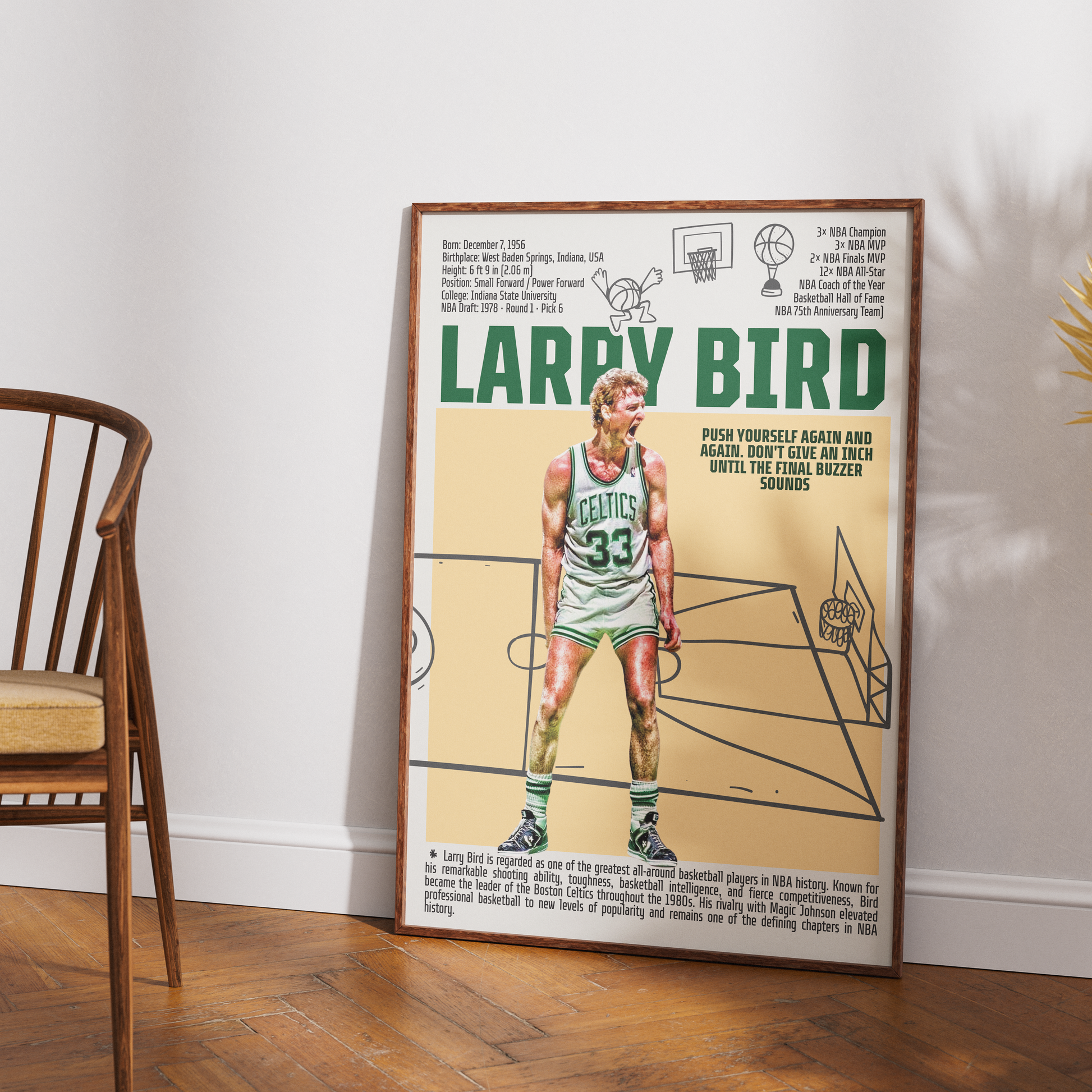 Larry Bird basketball poster — Boston Celtics 3x champion 3x MVP minimalist wall art print UK