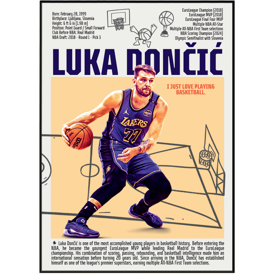 Luka Doncic basketball poster — Slovenian phenom Dallas Mavericks minimalist wall art print UK