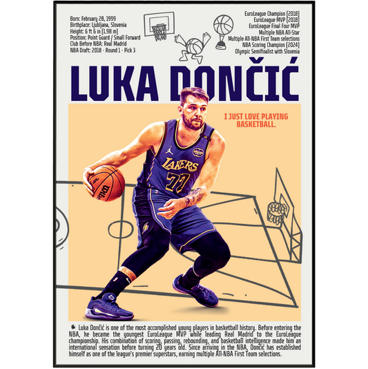Luka Doncic basketball poster — Slovenian phenom Dallas Mavericks minimalist wall art print UK