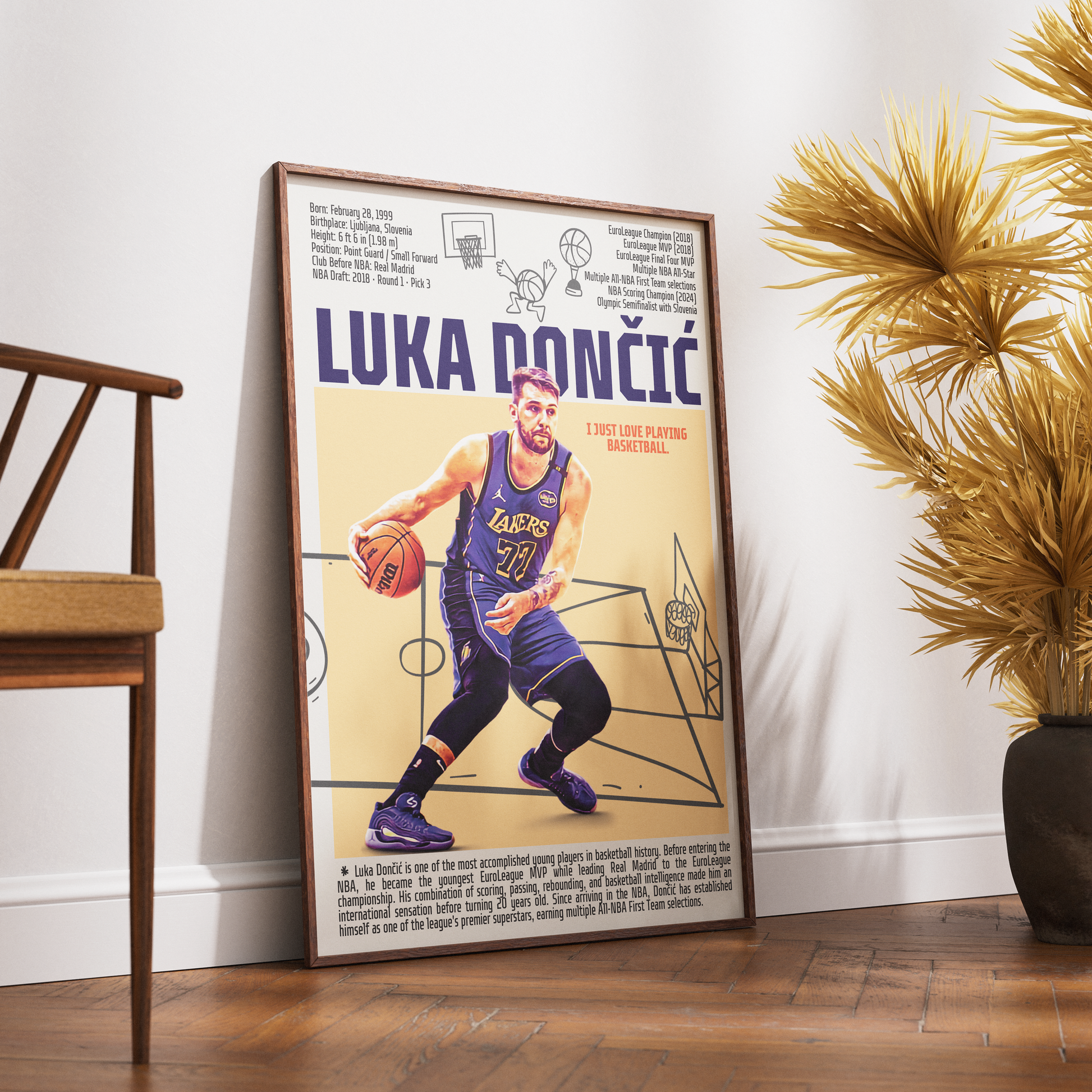 Luka Doncic basketball poster — Slovenian phenom Dallas Mavericks minimalist wall art print UK
