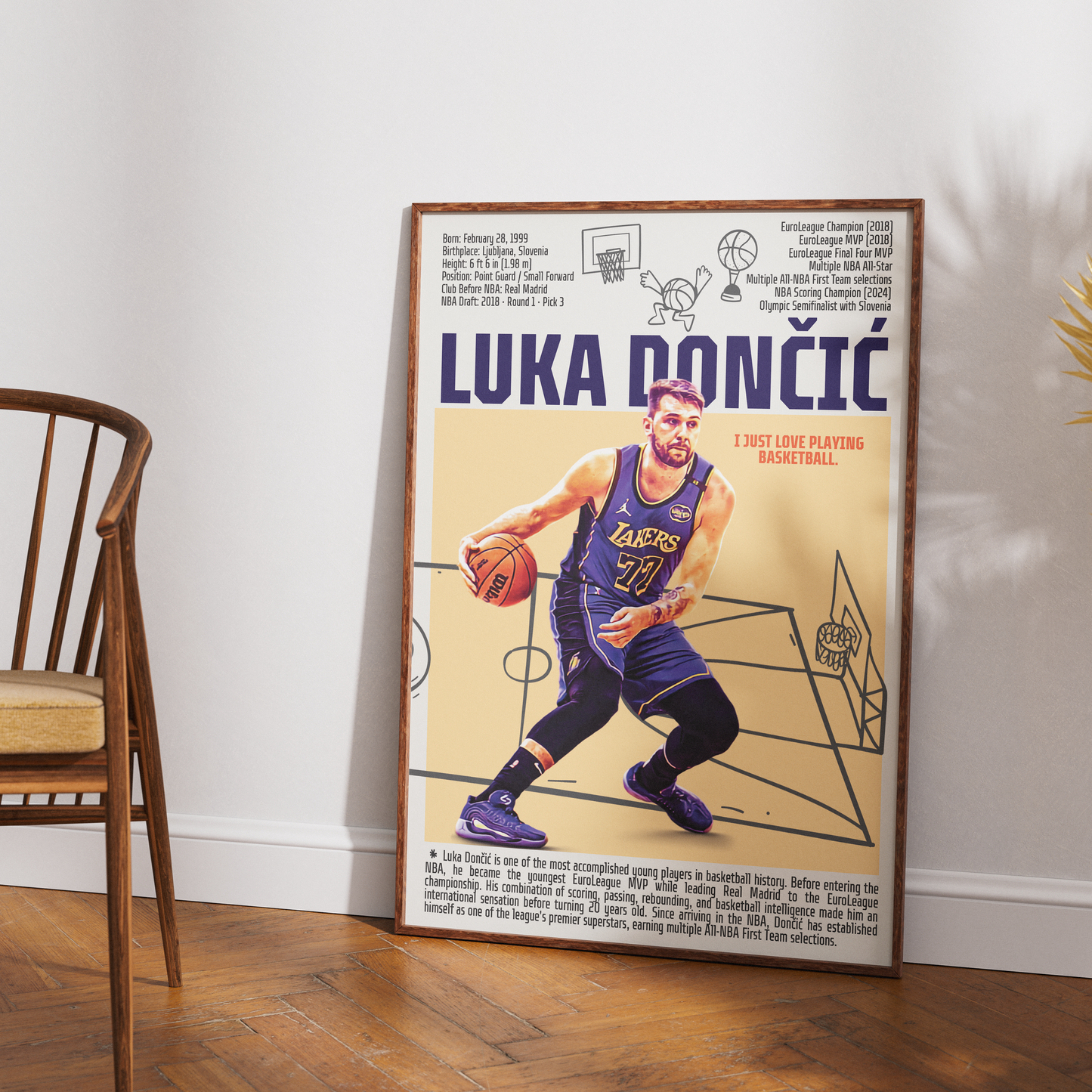 Luka Doncic basketball poster — Slovenian phenom Dallas Mavericks minimalist wall art print UK