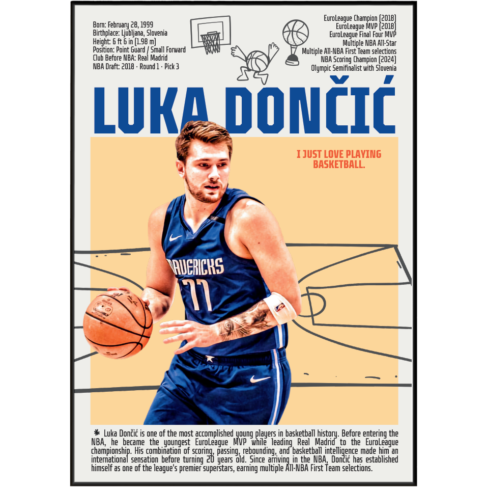 Luka Doncic basketball poster — Slovenian phenom Dallas Mavericks minimalist wall art print UK