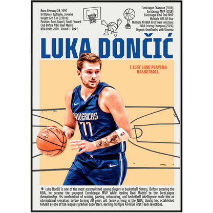 Luka Doncic basketball poster — Slovenian phenom Dallas Mavericks minimalist wall art print UK