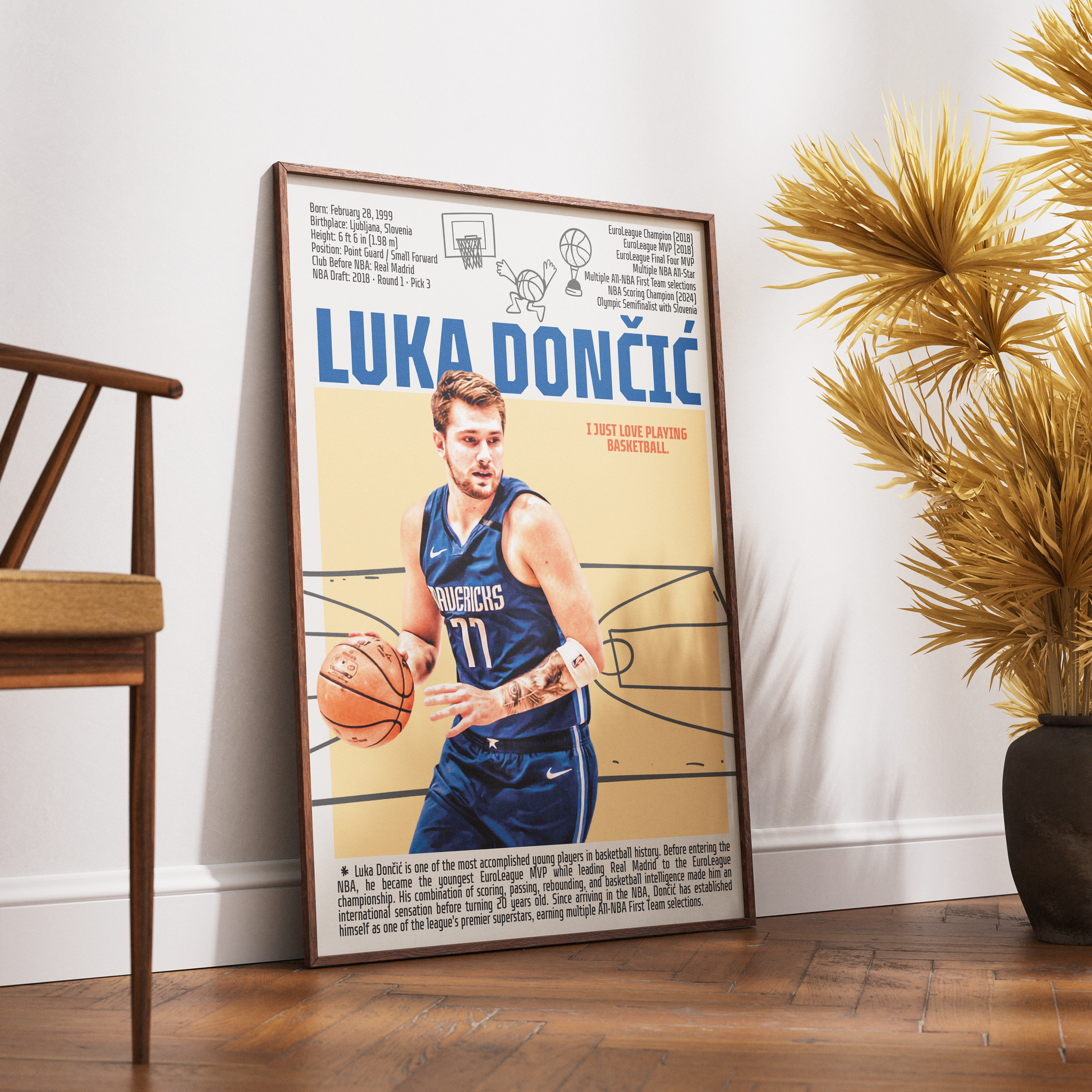 Luka Doncic basketball poster — Slovenian phenom Dallas Mavericks minimalist wall art print UK