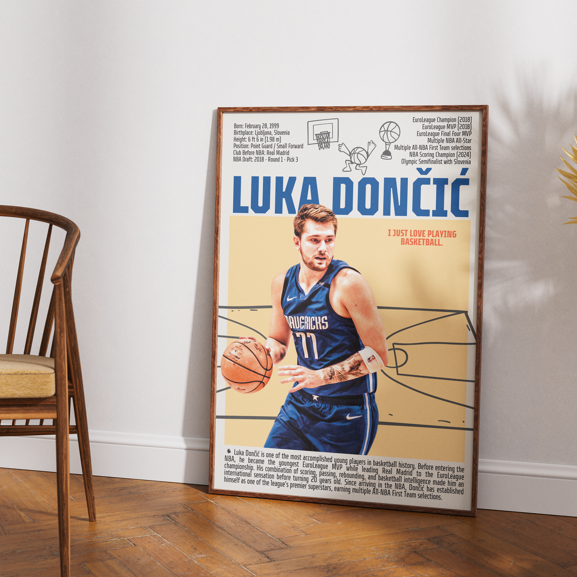 Luka Doncic basketball poster — Slovenian phenom Dallas Mavericks minimalist wall art print UK