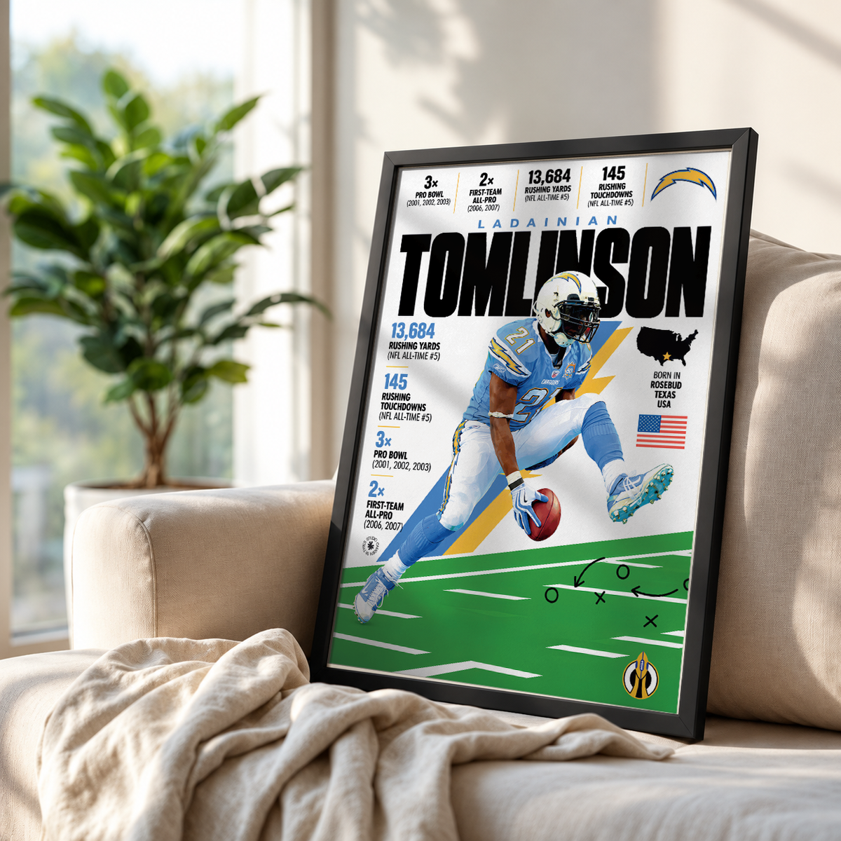 LaDainian Tomlinson poster, San Diego Chargers NFL wall art print in a boy's bedroom - 98types