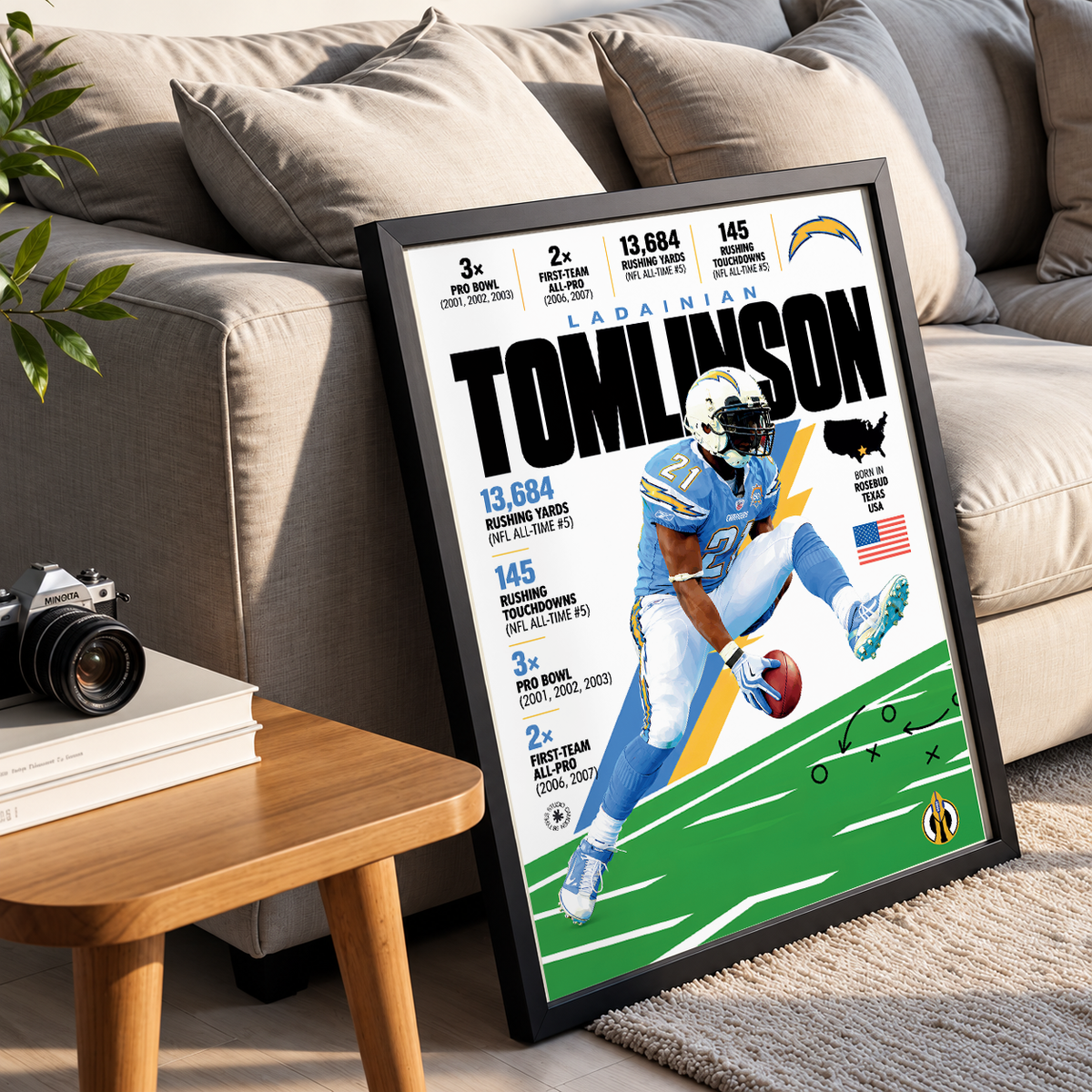 LaDainian Tomlinson poster, San Diego Chargers NFL wall art print in a boy's bedroom - 98types