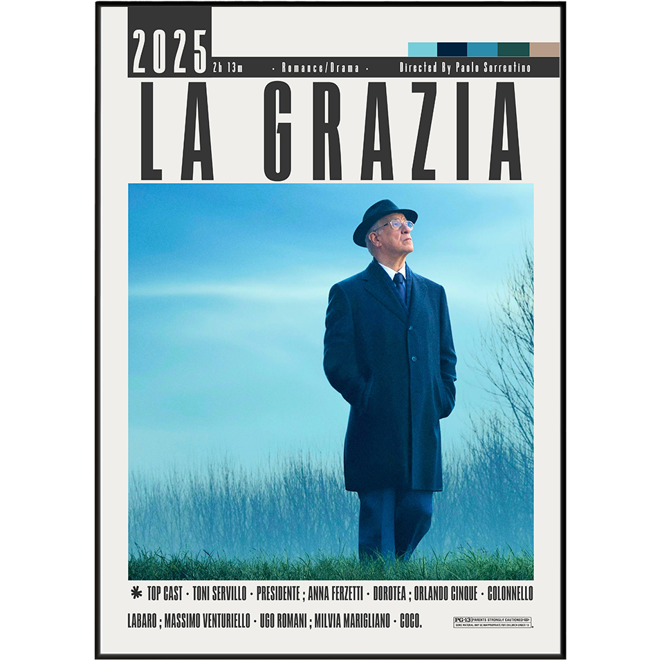 A movie poster for the film 'La Grazia' featuring a man in a dark coat and hat standing in a blue-toned outdoor scene, with the title 'LA GRAZIA' in large black letters and release details at the top and bottom.