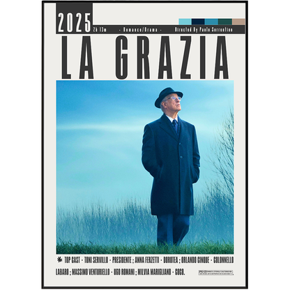 A movie poster for the film 'La Grazia' featuring a man in a dark coat and hat standing in a blue-toned outdoor scene, with the title 'LA GRAZIA' in large black letters and release details at the top and bottom.