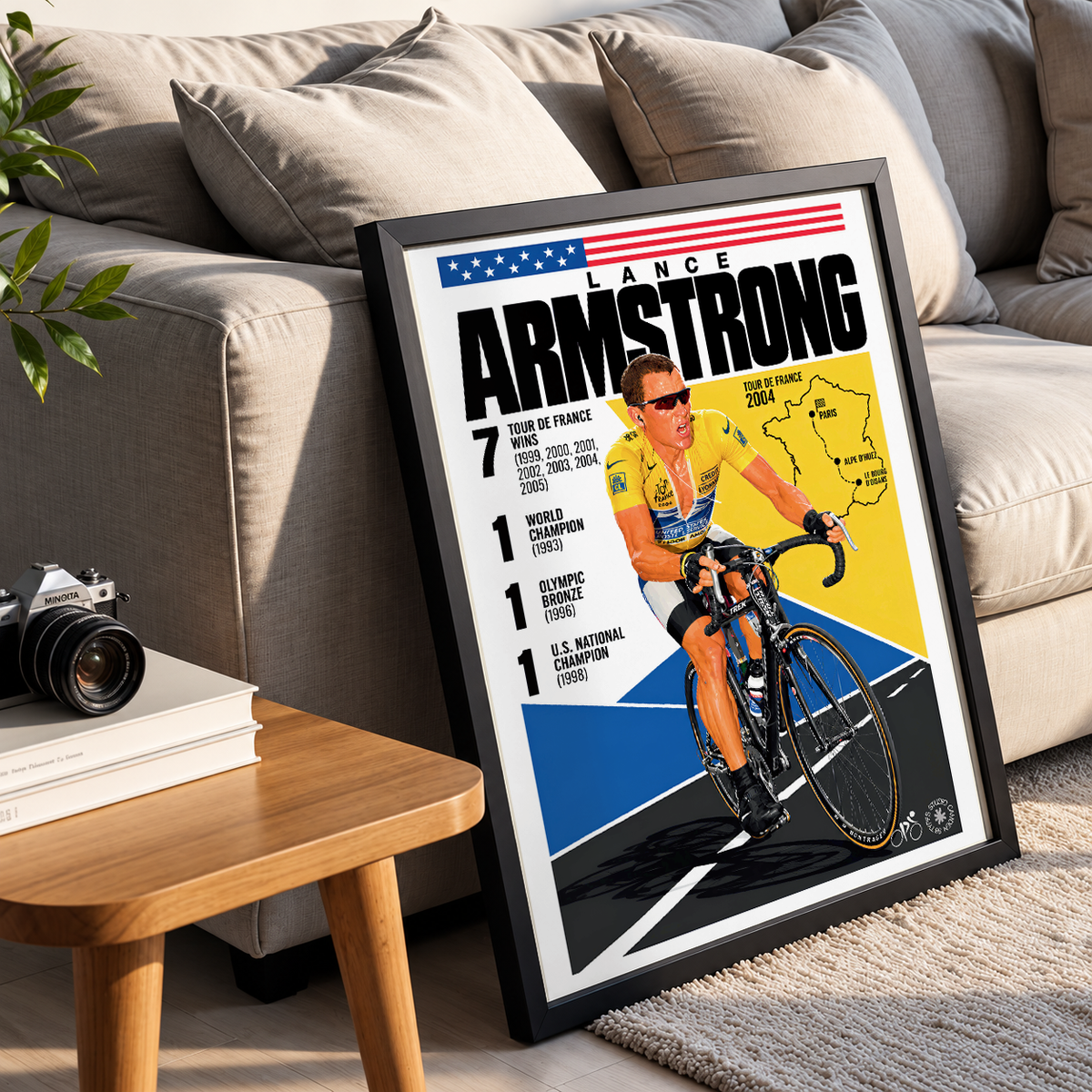 Lance Armstrong poster, American cycling wall art print in a pain cave - 98types