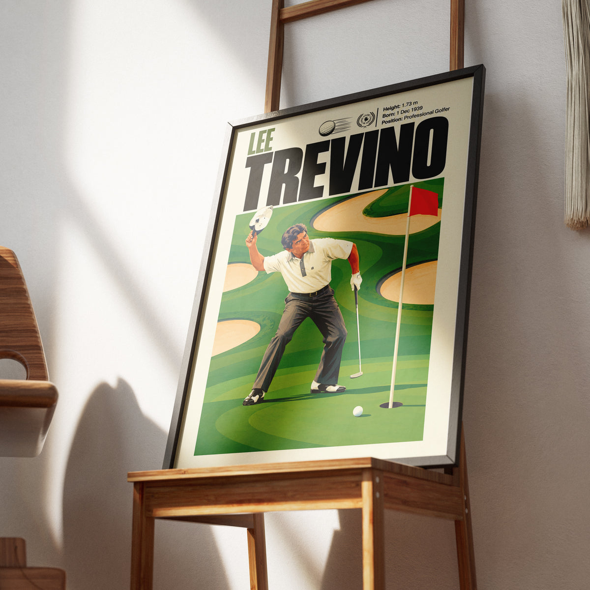 Lee Trevino poster, American golf wall art print in a living room - 98types