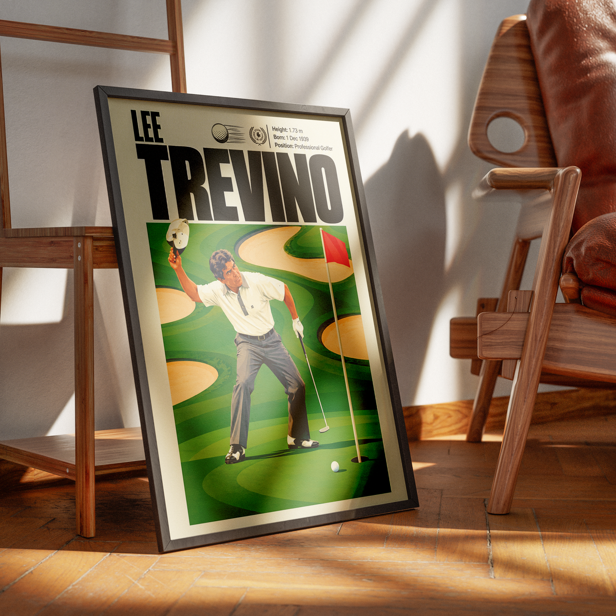 Lee Trevino poster, American golf wall art print in a living room - 98types
