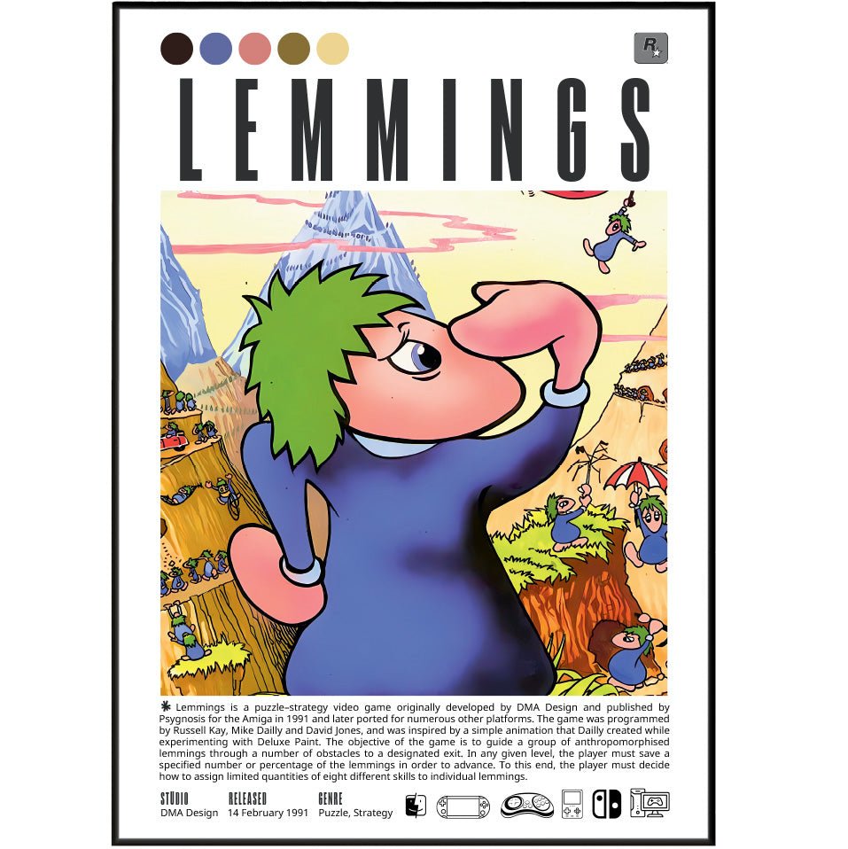 Lemmings 1991 retro game poster — DMA Design Blocker Builder puzzle classic wall art print UK - 98types