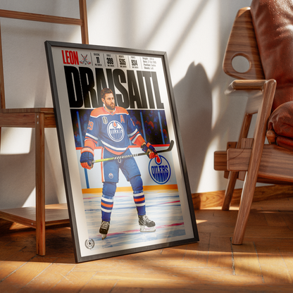 Leon Draisaitl poster, Edmonton Oilers NHL ice hockey wall art print in a home office - 98types