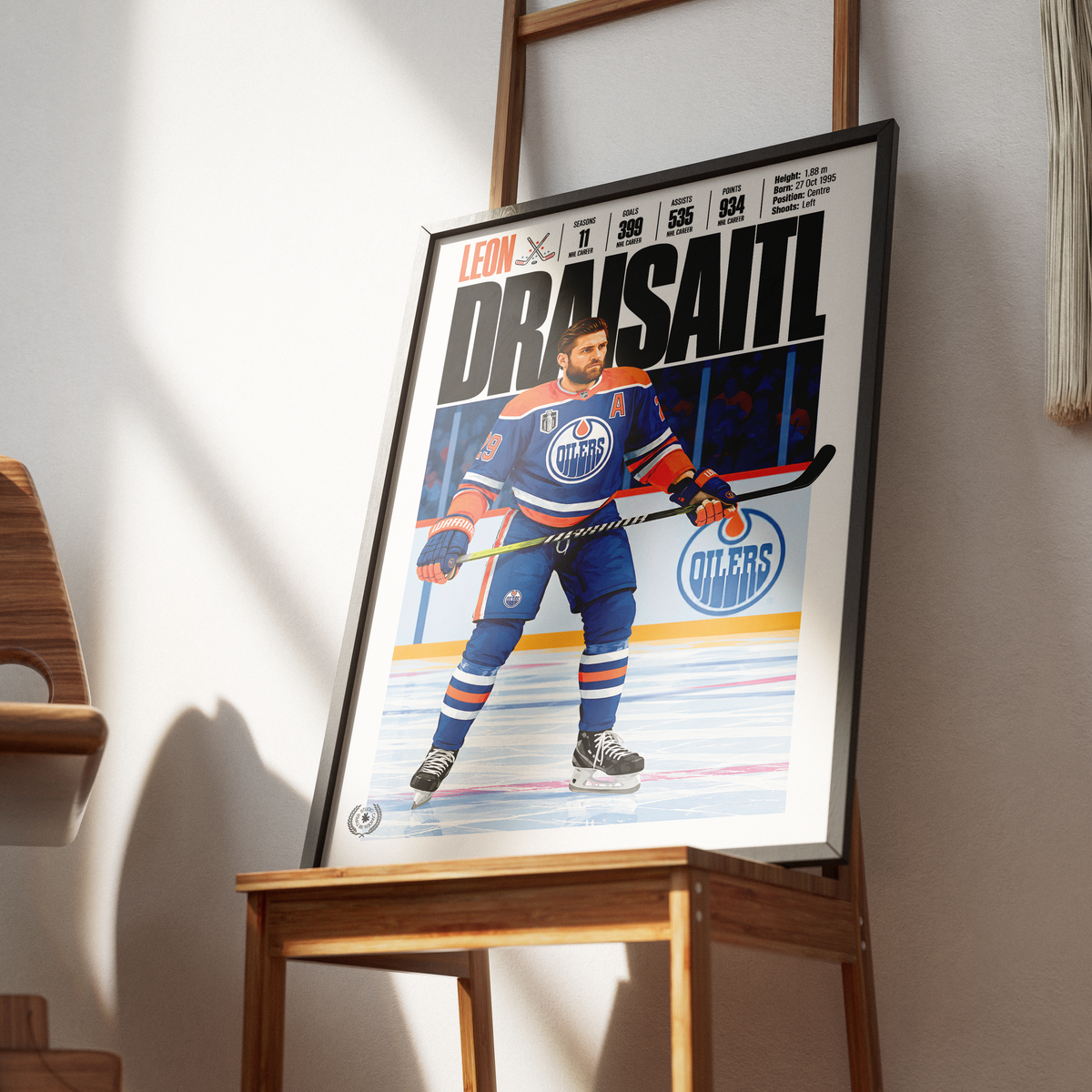 Leon Draisaitl poster, Edmonton Oilers NHL ice hockey wall art print in a home office - 98types