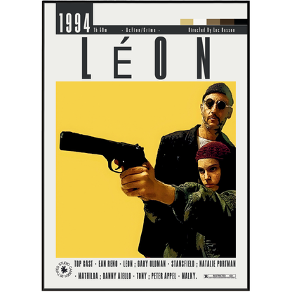 Movie poster for the 1994 film 'Léon' featuring a bold graphic design with a large yellow central panel, black title text, and two characters holding a gun, framed by a thin black border.