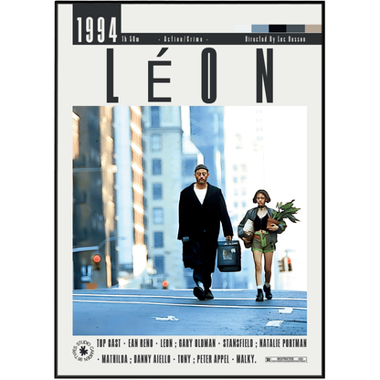 Movie poster for the 1994 film 'Léon' featuring a central photograph of the film's characters walking on a city street, framed by a black border with title text and cast names.