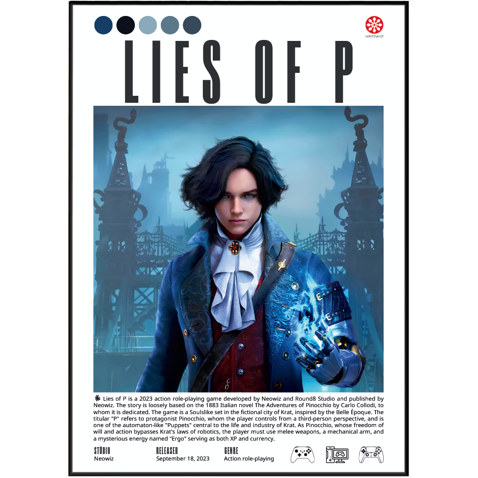 Lies of P board game box front cover, featuring a central illustration of a dark-haired character in a blue and red coat standing before ornate towers with glowing blue energy. The title 'LIES OF P' appears in large black letters at the top, with publisher logos and small text bands along the bottom.